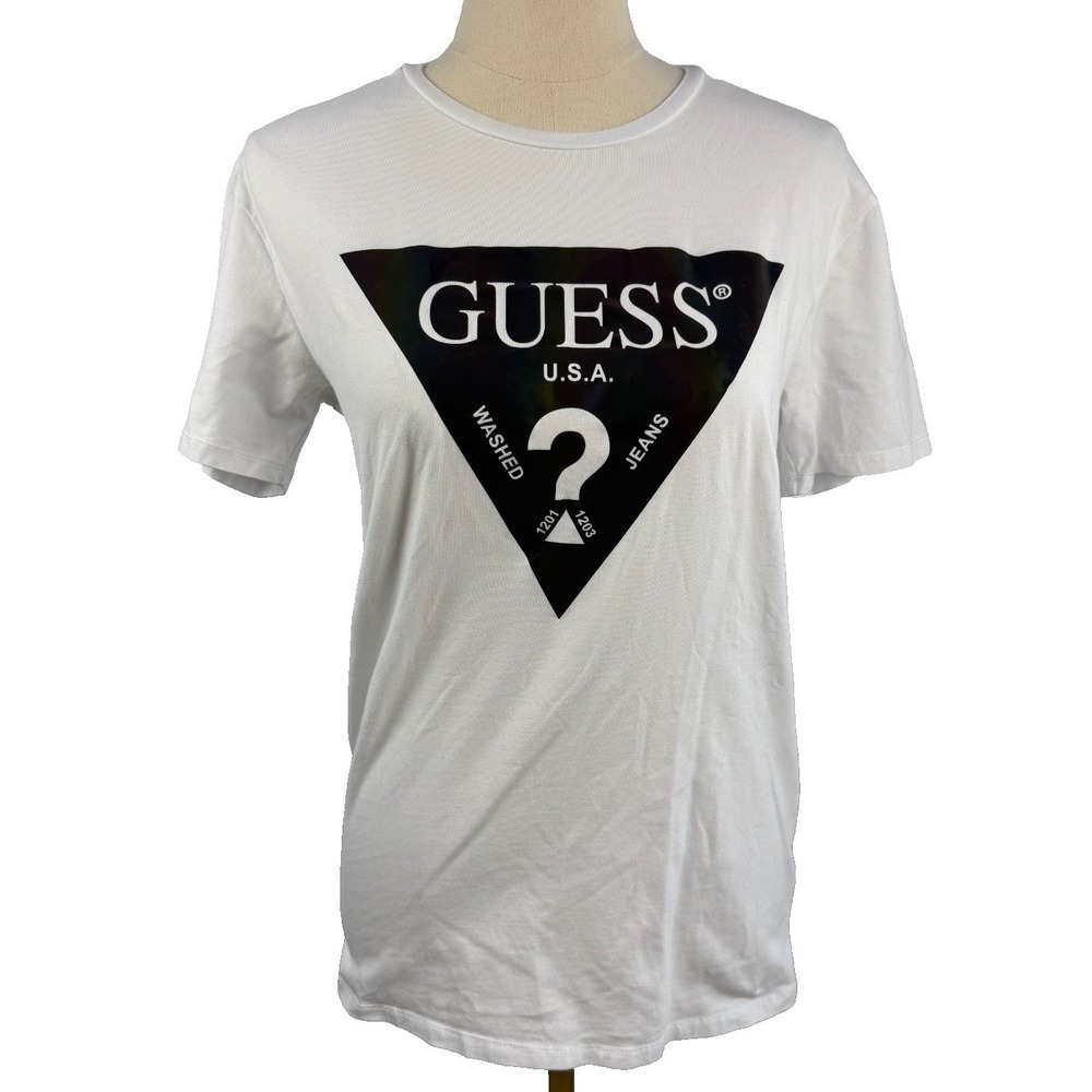 Guess Los Angeles Women White Iridescent Triangle Logo Slim Fit Tee Shirt Small